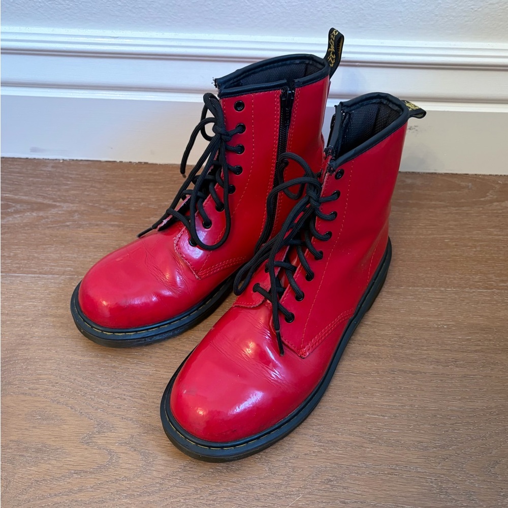 Dr. Martens Kids Red Lace-Up Side-Zip Combat Boots